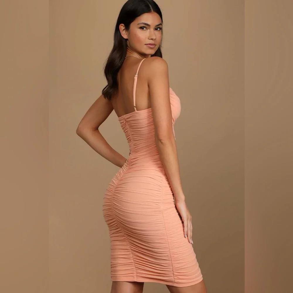 LULUS Got You Staring Peach Ruched Mesh Bodycon Mini Dress